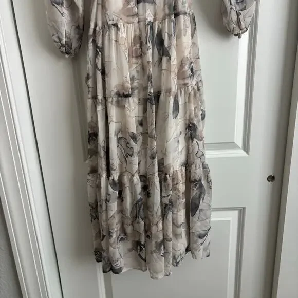Calvin Klein Floral Chiffon Maxi Dress Sz 8 Faux Wrap Long Sleeve Tiered V-Neck - Picture 13 of 16